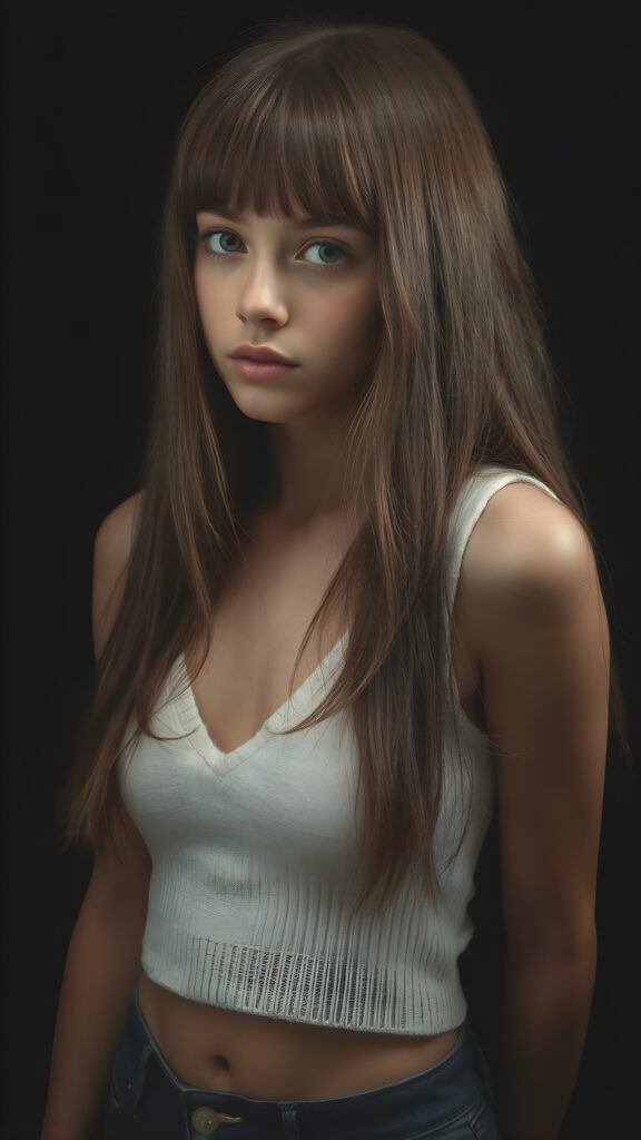 a (((perfectly proportioned portrait))), visualize a cute picture: a detailed teen girl, 14 years old, with soft straight very long jet brown hair, bangs cut frame her round face, exuding a sense of melancholy and loneliness, full lips, (((white cropped short tank top made of fine wool, deep v-neck, open front)) which perfectly shaped her body), side view (((against a black backdrop))) ((upper body portrait))