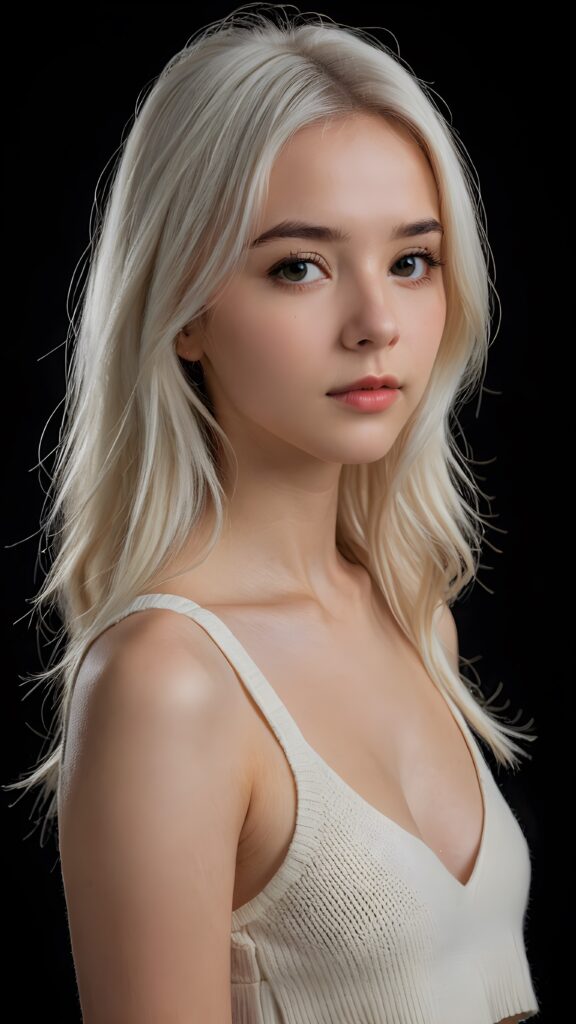 a (((perfectly proportioned portrait))), visualize a cute picture: a detailed young teen girl, with soft straight very long jet white hair, bangs cut frame her round face, exuding a sense of melancholy and loneliness, full lips, (((white cropped short tank top made of fine wool)) which perfectly shaped her body, deep v-neck), side view (((against a black backdrop))) ((upper body portrait)), perfect shadow and light