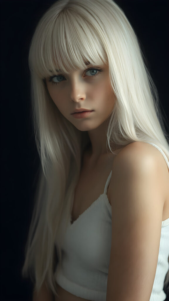 a (((perfectly proportioned portrait))), visualize a cute picture: a detailed young teen girl, with soft straight very long jet white hair, bangs cut frame her round face, exuding a sense of melancholy and loneliness, full lips, (((white cropped short tank top made of fine wool)) which perfectly shaped her body, deep v-neck), side view (((against a black backdrop))) ((upper body portrait))