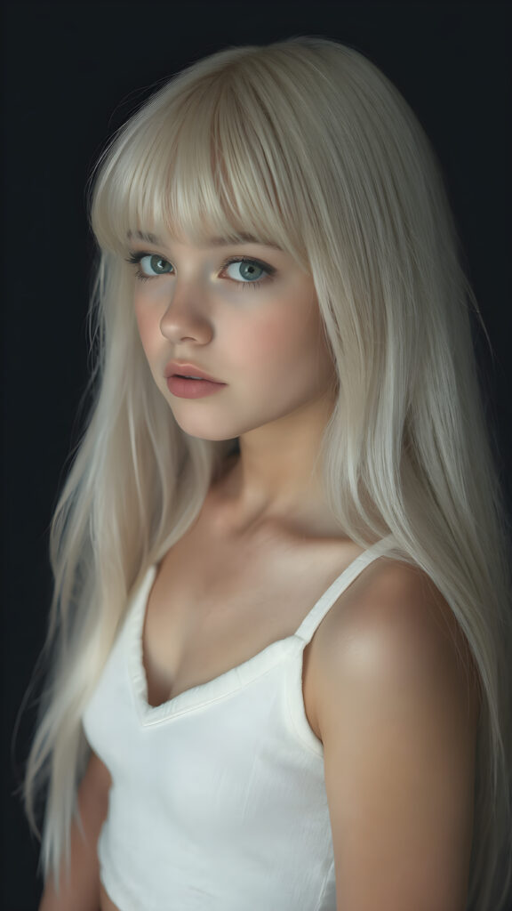 a (((perfectly proportioned portrait))), visualize a cute picture: a detailed young teen girl, with soft straight very long jet white hair, bangs cut frame her round face, exuding a sense of melancholy and loneliness, full lips, (((white cropped short tank top made of fine wool)) which perfectly shaped her body, deep v-neck), side view (((against a black backdrop))) ((upper body portrait))