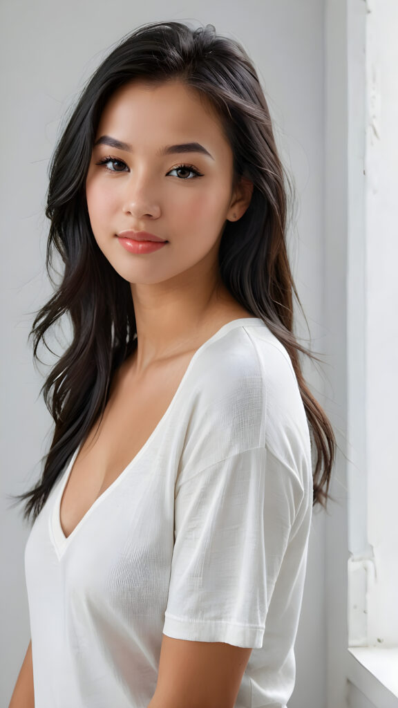 a (((perfectly realistic full-body portrait))), featuring a (((very cute young tanned well busty teen girl))) with ((bright white t-shirt, deep v-neck, open front)), (((detailed, realistic black straight soft hair))), and (((pale, clear skin))), accompanied by (((full, defined lips))), that give off a (natural, glowing smile). Her face is (((beautifully drawn))), with (((two perfectly matching, white and closed eyes))), and (((a small, pointed nose))), all framed by (((a slightly pointed chin))), which complements the overall aesthetic. The portrait is (((side-view, looking slightly to the side))), with (((bright, natural light))) illuminating her face and creating a (softly shaded backdrop) that accentuates her features