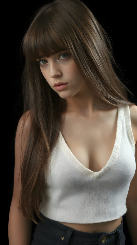 a (((perfectly proportioned portrait))), visualize a cute picture: a detailed teen girl, 14 years old, with soft straight very long jet brown hair, bangs cut frame her round face, exuding a sense of melancholy and loneliness, full lips, (((white cropped short tank top made of fine wool, deep v-neck, open front)) which perfectly shaped her body), side view (((against a black backdrop))) ((upper body portrait))