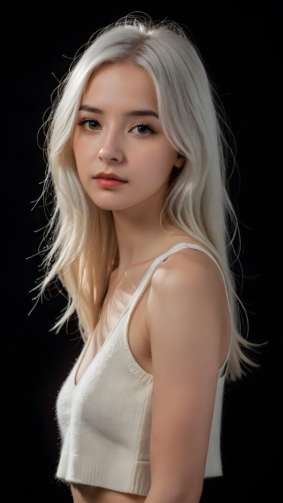 a (((perfectly proportioned portrait))), visualize a cute picture: a detailed young teen girl, with soft straight very long jet white hair, bangs cut frame her round face, exuding a sense of melancholy and loneliness, full lips, (((white cropped short tank top made of fine wool)) which perfectly shaped her body, deep v-neck), side view (((against a black backdrop))) ((upper body portrait)), perfect shadow and light