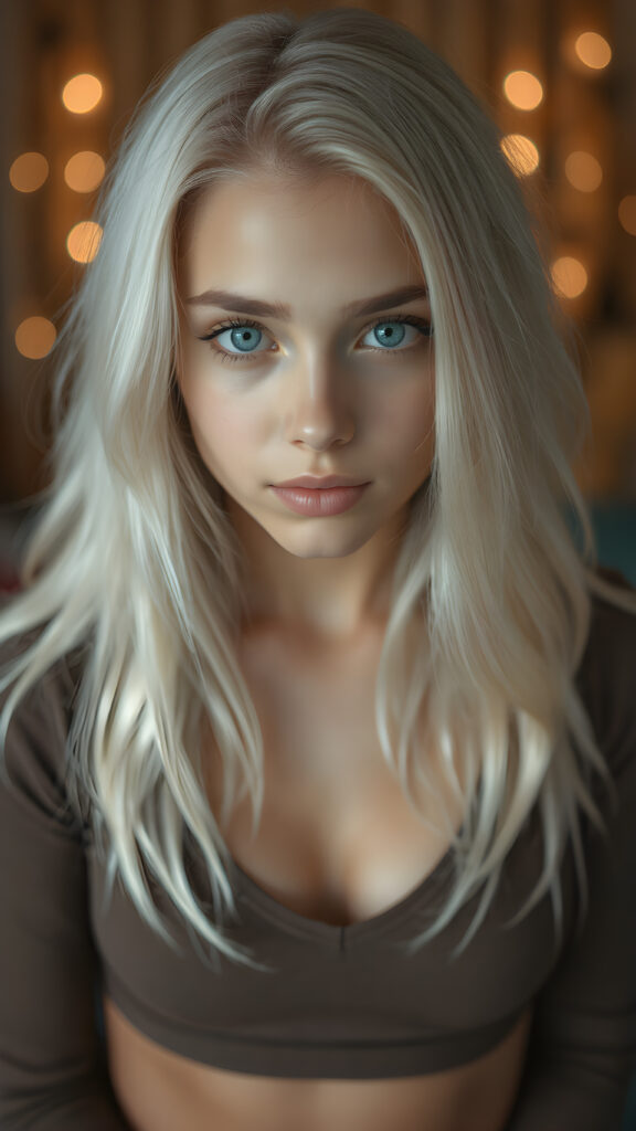 a (((perfectly proportioned portrait))), with stunning (lightblue eyes) that emit a gentle glow, framed by (soft, long white hair) that creates a cozy, warm atmosphere. The subject is a (((beautiful well busty teen girl))) who exudes self-confidence, with a (healthy glow) on her skin, wearing a (tight deep v-neck crop top) that accentuates her perfect body, complemented by (realistic, detailed soft light) that brings out her (best features)