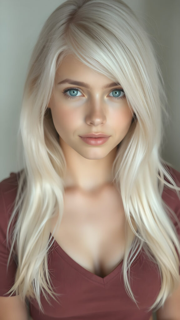 a (((perfectly proportioned portrait))), with stunning (lightblue eyes) that emit a gentle glow, framed by (soft, long white hair) that creates a cozy, warm atmosphere. The subject is a (((beautiful well busty teen girl))) who exudes self-confidence, with a (healthy glow) on her skin, wearing a (tight deep v-neck crop top) that accentuates her perfect body, complemented by (realistic, detailed soft light) that brings out her (best features)