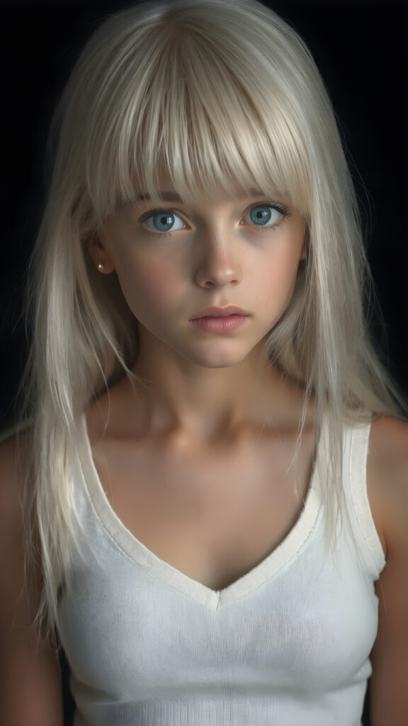 a (((perfectly proportioned portrait))), visualize a cute picture: a detailed teen girl, 13 years old, with soft straight very long jet white hair, bangs cut frame her round face, exuding a sense of melancholy and loneliness, full lips, (((white cropped short tank top made of fine wool)) which perfectly shaped her body, deep v-neck), side view (((against a black backdrop))) ((upper body portrait))