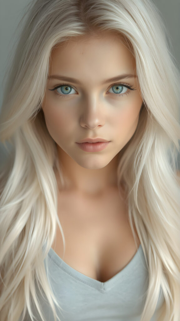 a (((perfectly proportioned portrait))), with stunning (lightblue eyes) that emit a gentle glow, framed by (soft, long white hair) that creates a cozy, warm atmosphere. The subject is a (((beautiful well busty teen girl))) who exudes self-confidence, with a (healthy glow) on her skin, wearing a (tight deep v-neck crop top) that accentuates her perfect body, complemented by (realistic, detailed soft light) that brings out her (best features)