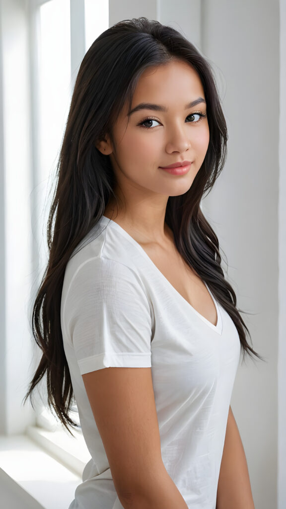 a (((perfectly realistic full-body portrait))), featuring a (((very cute young tanned well busty teen girl))) with ((bright white t-shirt, deep v-neck, open front)), (((detailed, realistic black straight soft hair))), and (((pale, clear skin))), accompanied by (((full, defined lips))), that give off a (natural, glowing smile). Her face is (((beautifully drawn))), with (((two perfectly matching, white and closed eyes))), and (((a small, pointed nose))), all framed by (((a slightly pointed chin))), which complements the overall aesthetic. The portrait is (((side-view, looking slightly to the side))), with (((bright, natural light))) illuminating her face and creating a (softly shaded backdrop) that accentuates her features