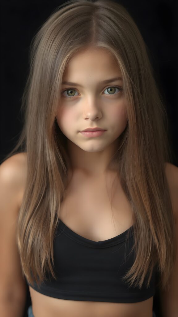 a (((perfectly proportioned, super cute teen girl))), with straight soft very long dark brown hair, (full lips), and (((big eyes))) that exude innocence, paired with a (short cropped tank top) that emphasizes her (perfect skin) and (flawlessly matching eyes). Her figure is so perfectly proportioned that it defies reality, with a (distinctive six-pack on her abs) that perfectly complements her overall aesthetic. (((FULL LENGTH, SHOW HEAD, BODY, LEGS AND FEET))) (((against a black backdrop))) ((upper body portrait))