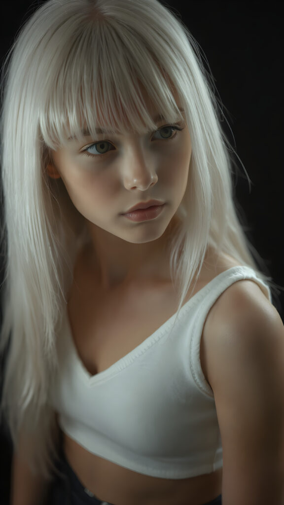 a (((perfectly proportioned portrait))), visualize a cute picture: a detailed young teen girl, with soft straight very long jet white hair, bangs cut frame her round face, exuding a sense of melancholy and loneliness, full lips, (((white cropped short tank top made of fine wool)) which perfectly shaped her body, deep v-neck), side view (((against a black backdrop))) ((upper body portrait))