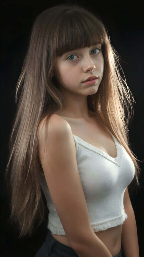 a (((perfectly proportioned portrait))), visualize a cute picture: a detailed teen girl, 14 years old, with soft straight very long jet brown hair, bangs cut frame her round face, exuding a sense of melancholy and loneliness, full lips, (((white cropped short tank top made of fine wool, deep v-neck, open front)) which perfectly shaped her body), side view (((against a black backdrop))) ((upper body portrait))