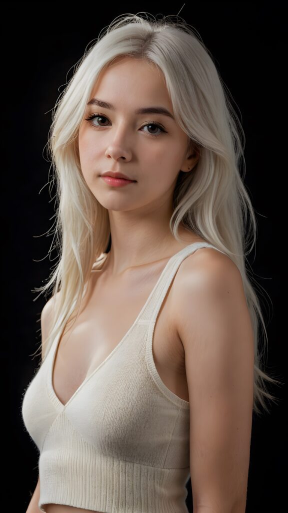 a (((perfectly proportioned portrait))), visualize a cute picture: a detailed young teen girl, with soft straight very long jet white hair, bangs cut frame her round face, exuding a sense of melancholy and loneliness, full lips, (((white cropped short tank top made of fine wool)) which perfectly shaped her body, deep v-neck), side view (((against a black backdrop))) ((upper body portrait)), perfect shadow and light