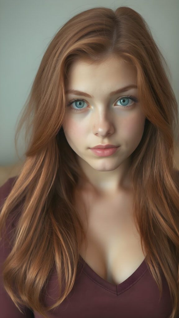 a (((perfectly proportioned portrait))), with stunning (light blue eyes) that emit a gentle glow, framed by (soft, long red hair) that creates a cozy, warm atmosphere. The subject is a (((beautiful well busty teen girl))) who exudes self-confidence, with a (healthy glow) on her skin, wearing a (tight deep v-neck crop top) that accentuates her perfect body, complemented by (realistic, detailed soft light) that brings out her (best features)