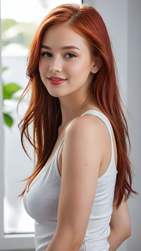 a (((perfectly realistic full-body portrait))), featuring a (((very cute young silver skinned well busty teen girl))) with ((bright white tank top, deep v-neck, open front)), (((detailed, realistic red long straight soft hair))), and (((clear skin))), accompanied by (((full, defined lips))), that give off a (natural, glowing smile, white teeth). Her face is (((beautifully drawn))), and (((a small, pointed nose))), all framed by (((a slightly pointed chin))), which complements the overall aesthetic. The portrait is (((side-view, looking slightly to the side))), with (((bright, natural light))) illuminating her face and creating a (softly shaded backdrop) that accentuates her features