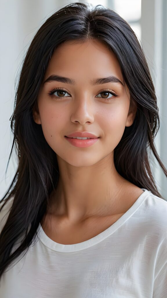 a (((perfectly realistic full-body portrait))), featuring a (((very cute young tanned teen girl))) with ((bright white t-shirt)), (((detailed, realistic black straight hair))), and (((pale, clear skin))), accompanied by (((full, defined lips))), that give off a (natural, glowing smile). Her face is (((beautifully drawn))), with (((two perfectly matching, white and closed eyes))), and (((a small, pointed nose))), all framed by (((a slightly pointed chin))), which complements the overall aesthetic. The portrait is (((side-view, looking slightly to the side))), with (((bright, natural light))) illuminating her face and creating a (softly shaded backdrop) that accentuates her features