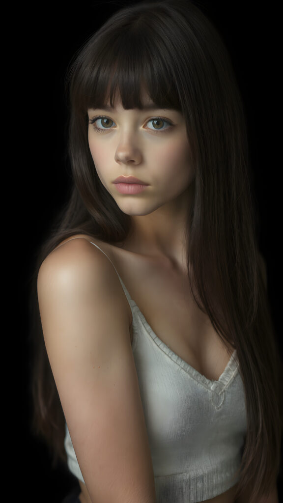 a (((perfectly proportioned portrait))), visualize a cute picture: a detailed teen girl, 14 years old, with soft straight very long jet hair, bangs cut frame her round face, exuding a sense of melancholy and loneliness, full lips, (((white cropped short tank top made of fine wool)) which perfectly shaped her body, deep v-neck), side view (((against a black backdrop))) ((upper body portrait))