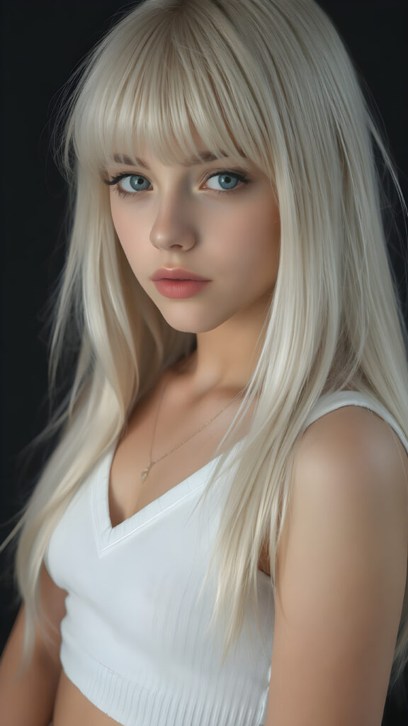 a (((perfectly proportioned portrait))), visualize a cute picture: a detailed young teen girl, with soft straight very long jet white hair, bangs cut frame her round face, exuding a sense of melancholy and loneliness, full lips, (((white cropped short tank top made of fine wool)) which perfectly shaped her body, deep v-neck), side view (((against a black backdrop))) ((upper body portrait))