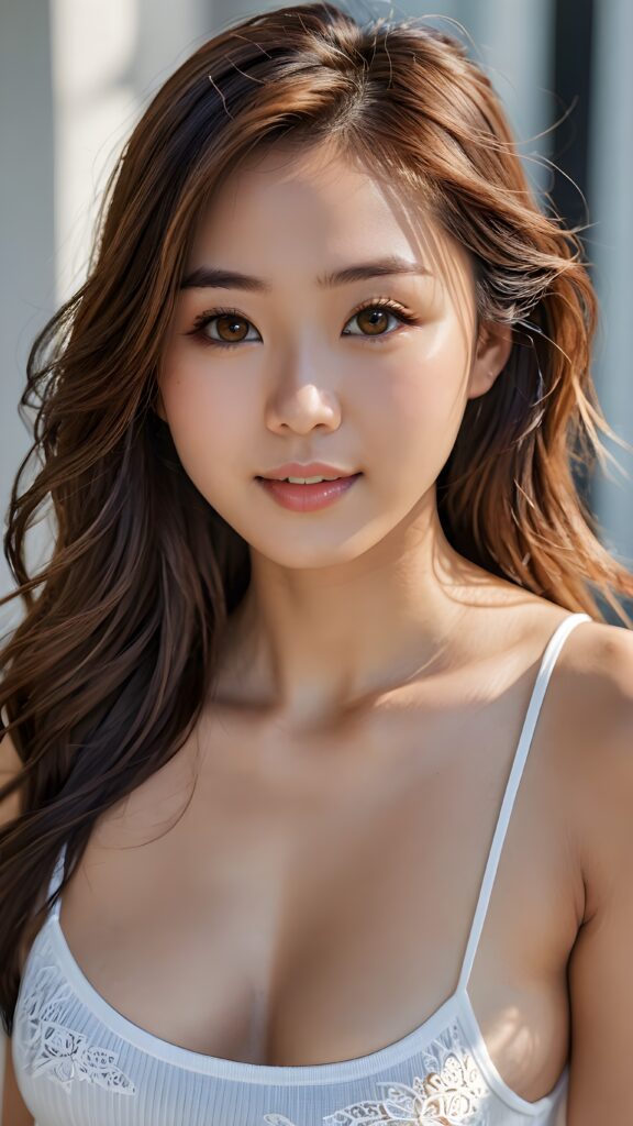 a (((perfectly realistic full-body portrait))), featuring a (((very cute young Japanese girl))) with, ((straight brown long soft hair)) and (((brightly shiny brown eyes))), wearing a (((white spaghetti tank top))) that matches her flawless complexion, exuding a gentle smile. You can see her belly button. Her full lips are (((kissable, with a soft, inviting glow))) and ((perfectly aligned teeth) that complement her overall look. She’s (((looking over her shoulder))) into the camera, framed by her (full body) with a (sunlight accentuating her natural features). The scene is (((extremely hyper-detailed and hyper-quality))), evoking a (((high-resolution, 8K resolution, with intricate patterns and subtle details that pop at 32K contrast)))