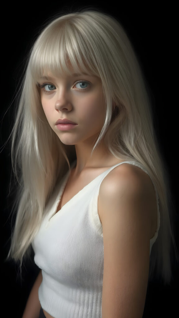 a (((perfectly proportioned portrait))), visualize a cute picture: a detailed teen girl, 13 years old, with soft straight very long jet white hair, bangs cut frame her round face, exuding a sense of melancholy and loneliness, full lips, (((white cropped short tank top made of fine wool)) which perfectly shaped her body, deep v-neck), side view (((against a black backdrop))) ((upper body portrait))