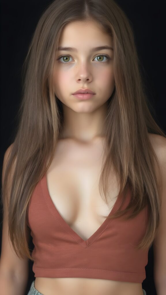 a (((perfectly proportioned, super cute teen girl))), with straight soft very long dark brown hair, (full lips), and (((big eyes))) that exude innocence, paired with a (short cropped tank top) that emphasizes her (perfect skin) and (flawlessly matching eyes). Her figure is so perfectly proportioned that it defies reality, with a (distinctive six-pack on her abs) that perfectly complements her overall aesthetic. (((FULL LENGTH, SHOW HEAD, BODY, LEGS AND FEET))) (((against a black backdrop))) ((upper body portrait))