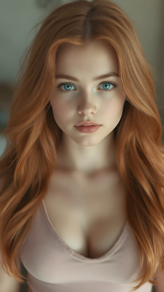 a (((perfectly proportioned portrait))), with stunning (light blue eyes) that emit a gentle glow, framed by (soft, long red hair) that creates a cozy, warm atmosphere. The subject is a (((beautiful well busty teen girl))) who exudes self-confidence, with a (healthy glow) on her skin, wearing a (tight deep v-neck crop top) that accentuates her perfect body, complemented by (realistic, detailed soft light) that brings out her (best features)