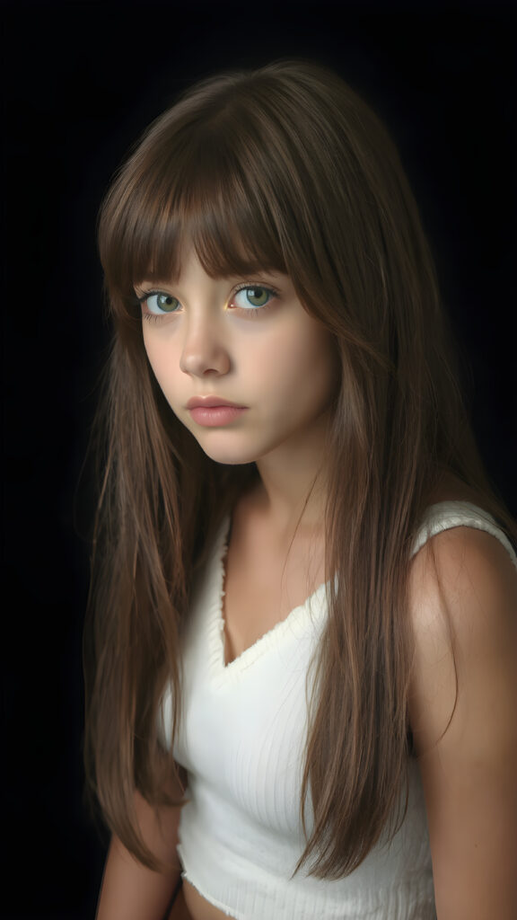 a (((perfectly proportioned portrait))), visualize a cute picture: a detailed teen girl, 14 years old, with soft straight very long jet brown hair, bangs cut frame her round face, exuding a sense of melancholy and loneliness, full lips, (((white cropped short tank top made of fine wool, deep v-neck, open front)) which perfectly shaped her body), side view (((against a black backdrop))) ((upper body portrait))