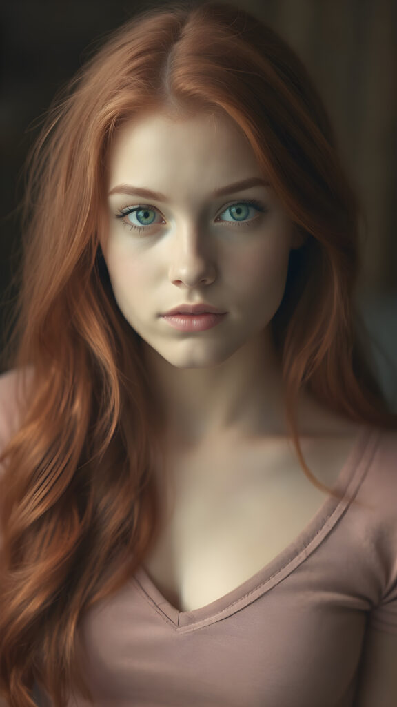 a (((perfectly proportioned portrait))), with stunning (light blue eyes) that emit a gentle glow, framed by (soft, long red hair) that creates a cozy, warm atmosphere. The subject is a (((beautiful well busty teen girl))) who exudes self-confidence, with a (healthy glow) on her skin, wearing a (tight deep v-neck crop top) that accentuates her perfect body, complemented by (realistic, detailed soft light) that brings out her (best features)