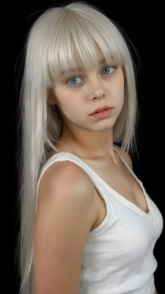 a (((perfectly proportioned portrait))), visualize a cute picture: a detailed teen girl, 13 years old, with soft straight very long jet white hair, bangs cut frame her round face, exuding a sense of melancholy and loneliness, full lips, (((white cropped short tank top made of fine wool)) which perfectly shaped her body, deep v-neck), side view (((against a black backdrop))) ((upper body portrait))