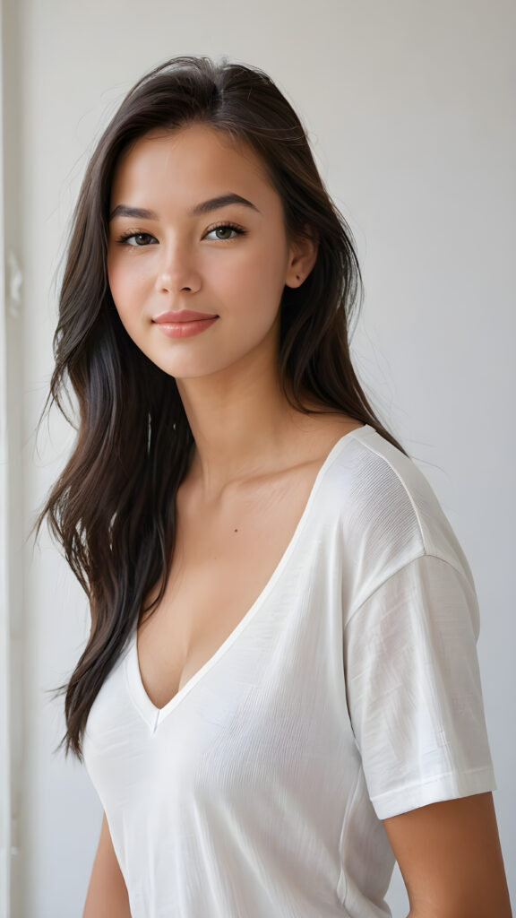 a (((perfectly realistic full-body portrait))), featuring a (((very cute young tanned well busty teen girl))) with ((bright white t-shirt, deep v-neck, open front)), (((detailed, realistic black straight soft hair))), and (((pale, clear skin))), accompanied by (((full, defined lips))), that give off a (natural, glowing smile). Her face is (((beautifully drawn))), with (((two perfectly matching, white and closed eyes))), and (((a small, pointed nose))), all framed by (((a slightly pointed chin))), which complements the overall aesthetic. The portrait is (((side-view, looking slightly to the side))), with (((bright, natural light))) illuminating her face and creating a (softly shaded backdrop) that accentuates her features