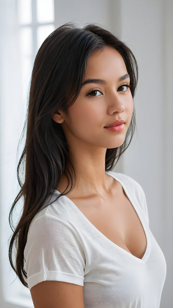 a (((perfectly realistic full-body portrait))), featuring a (((very cute young tanned well busty teen girl))) with ((bright white t-shirt, deep v-neck, open front)), (((detailed, realistic black straight soft hair))), and (((pale, clear skin))), accompanied by (((full, defined lips))), that give off a (natural, glowing smile). Her face is (((beautifully drawn))), with (((two perfectly matching, white and closed eyes))), and (((a small, pointed nose))), all framed by (((a slightly pointed chin))), which complements the overall aesthetic. The portrait is (((side-view, looking slightly to the side))), with (((bright, natural light))) illuminating her face and creating a (softly shaded backdrop) that accentuates her features