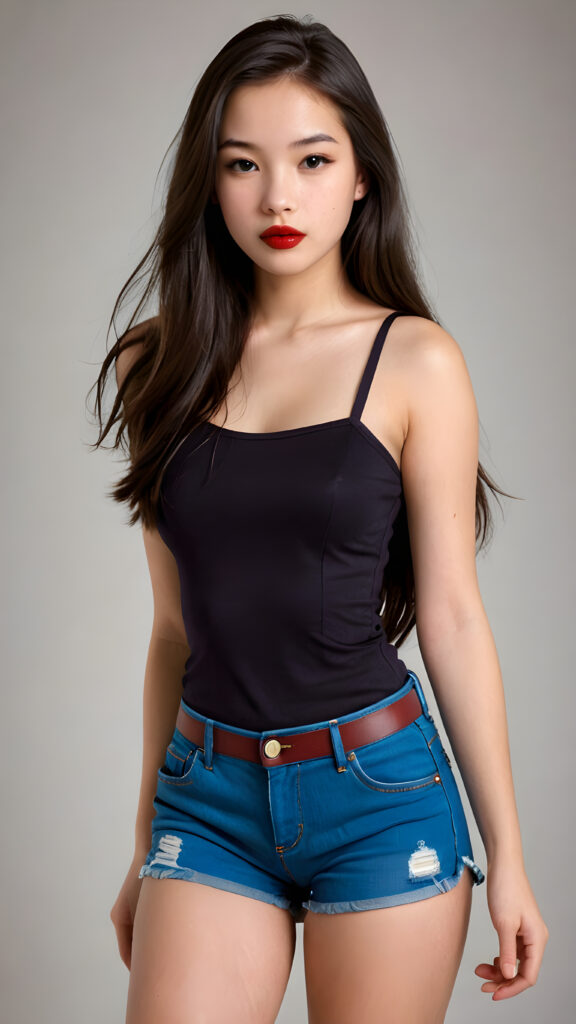 a (((perfectly curved teen model girl))), age 15, with (((dark straight very long soft hair))), featuring (((dark full red lips))), and a (((small round flawless face))), with (((big round cheeks))), and a (((dreamlike beauty mark))), her clothes are (((sleek and tight, yet playful and fun))), with (((tattered shorts))) against a empty backdrop