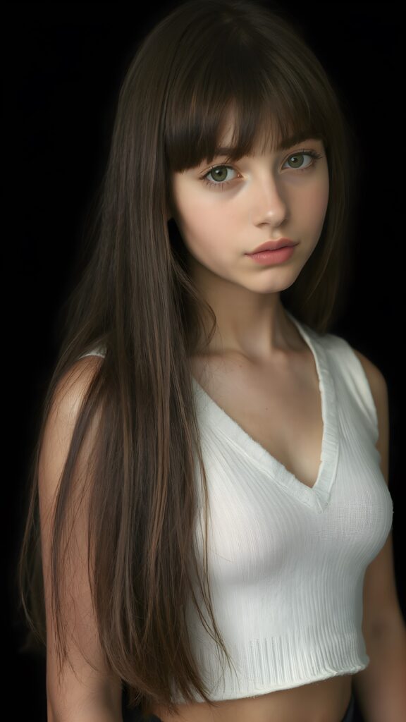 a (((perfectly proportioned portrait))) an cute picture from a detailed teen girl, 14 years old, with soft straight very long jet brown hair, bangs cut frame her round face, exuding a sense of melancholy and loneliness, full lips, (((white cropped short tank top made of fine wool, deep v-neck, open front)) which perfectly shaped her body), side view (((against a black backdrop))) ((upper body portrait))