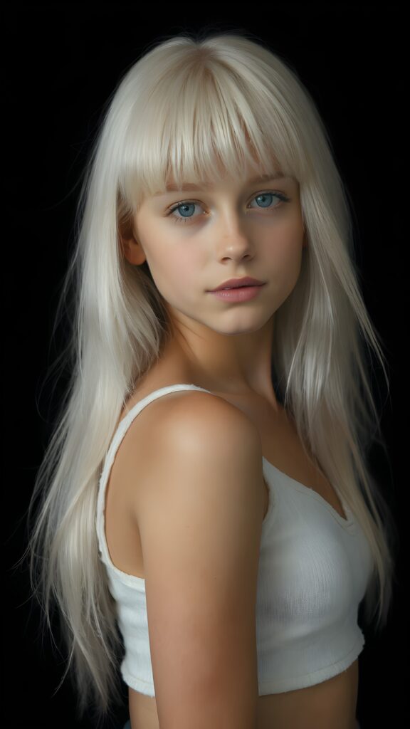 a (((perfectly proportioned portrait))), visualize a cute picture: a detailed young teen girl, with soft straight very long jet white hair, bangs cut frame her round face, exuding a sense of melancholy and loneliness, full lips, (((white cropped short tank top made of fine wool)) which perfectly shaped her body, deep v-neck), side view (((against a black backdrop))) ((upper body portrait)), perfect shadow and light