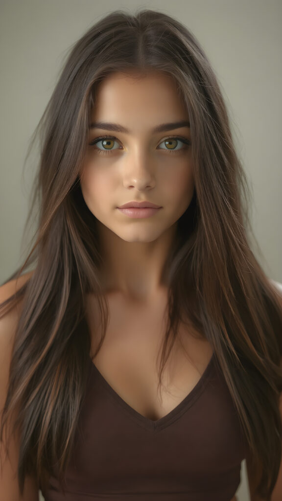 a (((perfectly proportioned portrait))), with stunning (amber eyes) that emit a gentle glow, framed by (soft, long obsidian hair) that creates a cozy, warm atmosphere. The subject is a (((beautiful teen girl))) who exudes self-confidence, with a (healthy glow) on her skin, wearing a (tight deep v-neck crop top) that accentuates her perfect body, complemented by (realistic, detailed soft light) that brings out her (best features)