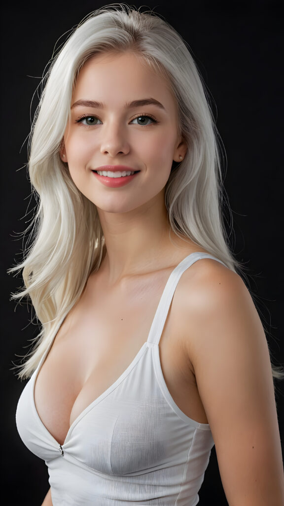 a (((perfectly realistic full-body portrait))), featuring a (((very cute young silver skinned well busty teen girl))) with ((bright white tank top, deep v-neck, open front)), (((detailed, realistic light white long straight soft hair))), and (((clear skin))), accompanied by (((full, defined lips))), that give off a (natural, glowing smile, white teeth). Her face is (((beautifully drawn))), and (((a small, pointed nose))), all framed by (((a slightly pointed chin))), which complements the overall aesthetic. The portrait is (((side-view, looking slightly to the side))), with (((bright, natural light))) illuminating her face and creating a (softly shaded backdrop) that accentuates her features, ((black dimmed backdrop))