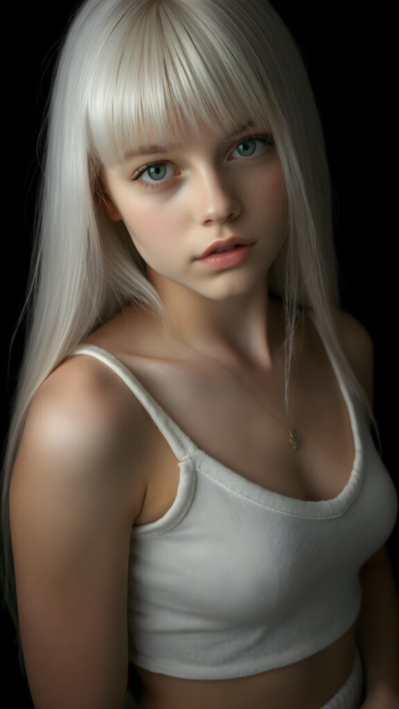 a (((perfectly proportioned portrait))), visualize a cute picture: a detailed young teen girl, with soft straight very long jet white hair, bangs cut frame her round face, exuding a sense of melancholy and loneliness, full lips, (((white cropped short tank top made of fine wool)) which perfectly shaped her body, deep v-neck), side view (((against a black backdrop))) ((upper body portrait)), perfect shadow and light