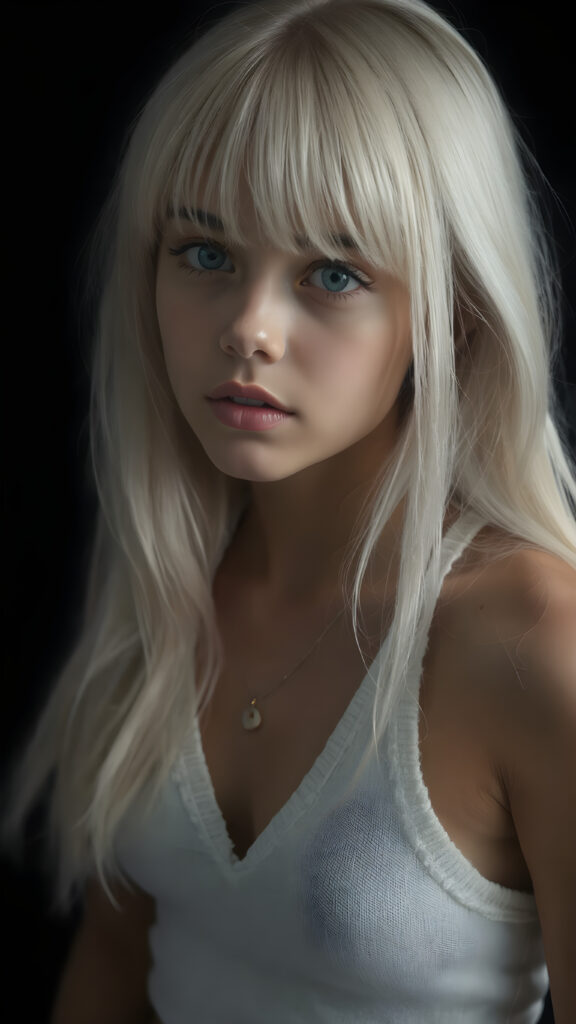 a (((perfectly proportioned portrait))), visualize a cute picture: a detailed young teen girl, with soft straight very long jet white hair, bangs cut frame her round face, exuding a sense of melancholy and loneliness, full lips, (((white cropped short tank top made of fine wool)) which perfectly shaped her body, deep v-neck), side view (((against a black backdrop))) ((upper body portrait))