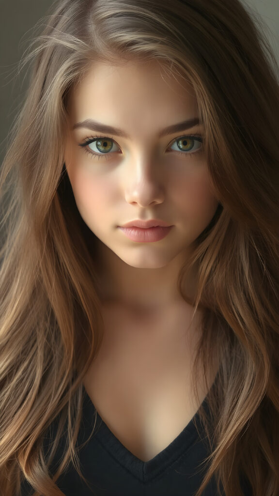 a (((perfectly proportioned portrait))), with stunning (amber eyes) that emit a gentle glow, framed by (soft, long obsidian hair) that creates a cozy, warm atmosphere. The subject is a (((beautiful teen girl))) who exudes self-confidence, with a (healthy glow) on her skin, wearing a (tight deep v-neck crop top) that accentuates her perfect body, complemented by (realistic, detailed soft light) that brings out her (best features)