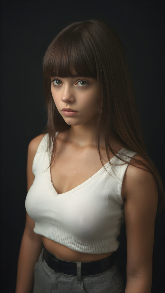 a (((perfectly proportioned portrait))), visualize a cute picture: a detailed teen girl, 14 years old, with soft straight very long jet hair, bangs cut frame her round face, exuding a sense of melancholy and loneliness, full lips, (((white cropped short tank top made of fine wool)) which perfectly shaped her body, deep v-neck), side view (((against a black backdrop))) ((upper body portrait))