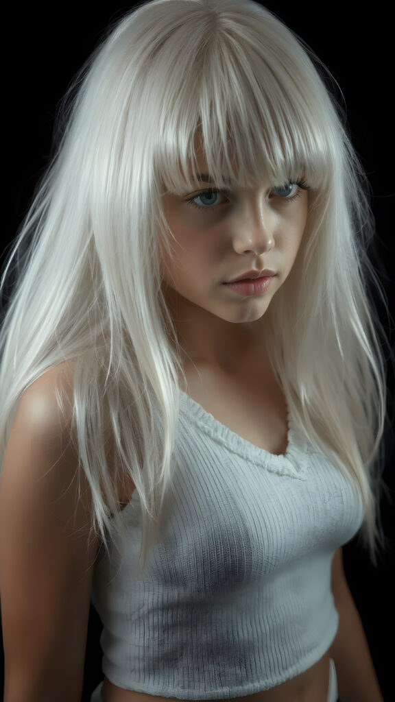 a (((perfectly proportioned portrait))), visualize a cute picture: a detailed young teen girl, with soft straight very long jet white hair, bangs cut frame her round face, exuding a sense of melancholy and loneliness, full lips, (((white cropped short tank top made of fine wool)) which perfectly shaped her body, deep v-neck), side view (((against a black backdrop))) ((upper body portrait))