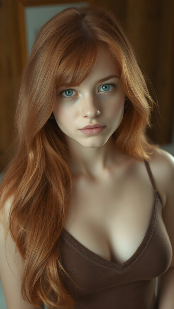 a (((perfectly proportioned portrait))), with stunning (light blue eyes) that emit a gentle glow, framed by (soft, long red hair) that creates a cozy, warm atmosphere. The subject is a (((beautiful well busty teen girl))) who exudes self-confidence, with a (healthy glow) on her skin, wearing a (tight deep v-neck crop top) that accentuates her perfect body, complemented by (realistic, detailed soft light) that brings out her (best features)