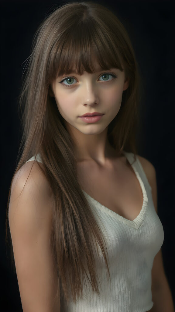 a (((perfectly proportioned portrait))), visualize a cute picture: a detailed teen girl, 14 years old, with soft straight very long jet brown hair, bangs cut frame her round face, exuding a sense of melancholy and loneliness, full lips, (((white cropped short tank top made of fine wool, deep v-neck, open front)) which perfectly shaped her body), side view (((against a black backdrop))) ((upper body portrait))