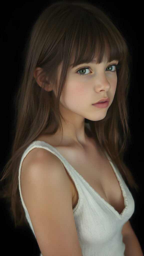 a (((perfectly proportioned portrait))), visualize a cute picture: a detailed teen girl, 14 years old, with soft straight very long jet brown hair, bangs cut frame her round face, exuding a sense of melancholy and loneliness, full lips, (((white cropped short tank top made of fine wool, deep v-neck, open front)) which perfectly shaped her body), side view (((against a black backdrop))) ((upper body portrait))