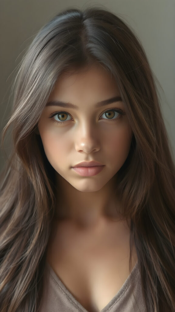 a (((perfectly proportioned portrait))), with stunning (amber eyes) that emit a gentle glow, framed by (soft, long obsidian hair) that creates a cozy, warm atmosphere. The subject is a (((beautiful teen girl))) who exudes self-confidence, with a (healthy glow) on her skin, wearing a (tight deep v-neck crop top) that accentuates her perfect body, complemented by (realistic, detailed soft light) that brings out her (best features)