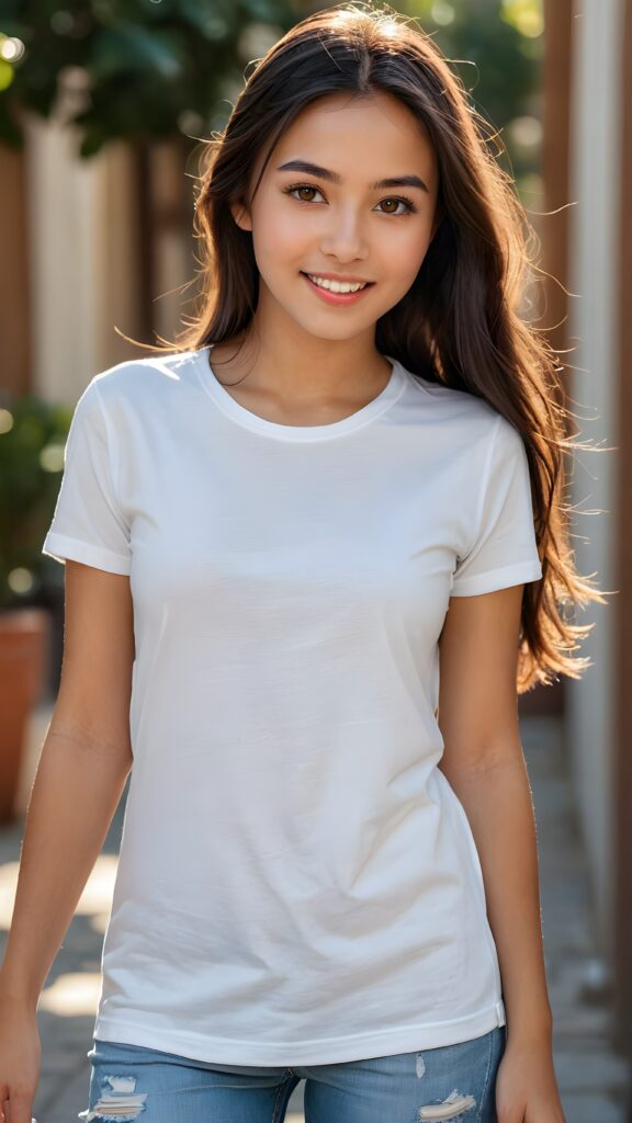 a (((perfectly realistic full-body portrait))), featuring a (((very cute young girl))) with, ((straight black shoulder long soft hair)) and (((brightly shiny brown eyes))), wearing a (((white plain short and thin t-shirt))) that matches her flawless complexion, exuding a gentle smile. Her lips are (((kissable, with a soft, inviting glow))) and ((perfectly aligned teeth) that complement her overall look. She’s (((looking over her shoulder))) into the camera, framed by her (full body) with a (sunlight accentuating her natural features). The scene is (((extremely hyper-detailed and hyper-quality))), evoking a (((high-resolution, 8K resolution, with intricate patterns and subtle details that pop at 32K contrast)))