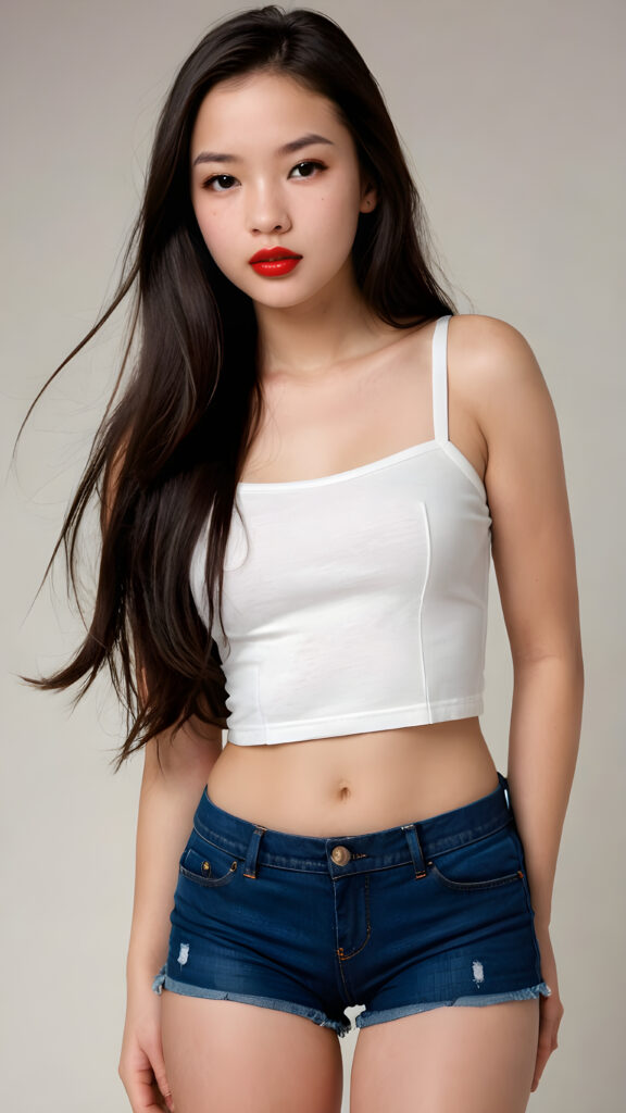 a (((perfectly curved teen model girl))), age 15, with (((dark straight very long soft hair))), featuring (((dark full red lips))), and a (((small round flawless face))), with (((big round cheeks))), and a (((dreamlike beauty mark))), her clothes are (((sleek and tight, yet playful and fun))), with (((tattered shorts))) against a empty backdrop