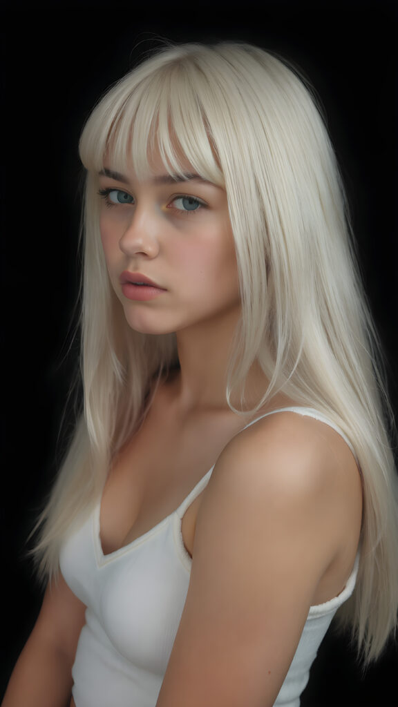 a (((perfectly proportioned portrait))), visualize a cute picture: a detailed teen girl, 13 years old, with soft straight very long jet white hair, bangs cut frame her round face, exuding a sense of melancholy and loneliness, full lips, (((white cropped short tank top made of fine wool)) which perfectly shaped her body, deep v-neck), side view (((against a black backdrop))) ((upper body portrait))