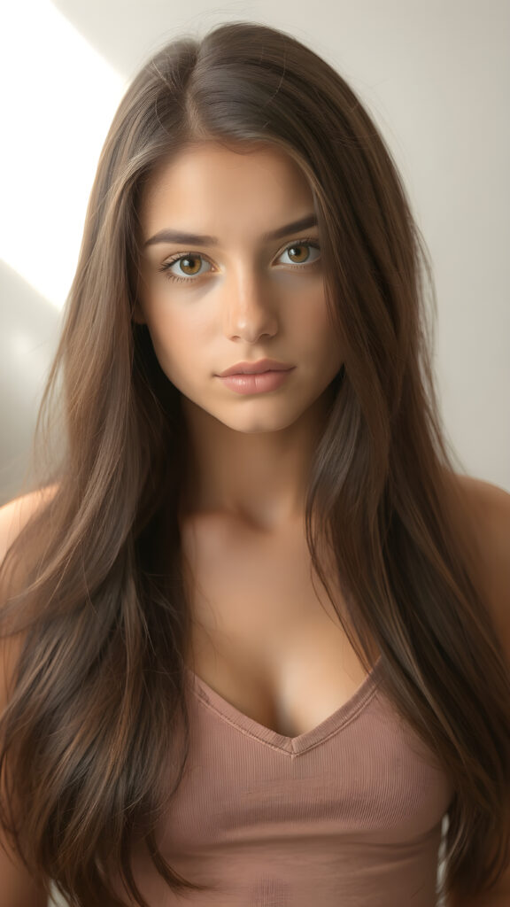 a (((perfectly proportioned portrait))), with stunning (amber eyes) that emit a gentle glow, framed by (soft, long obsidian hair) that creates a cozy, warm atmosphere. The subject is a (((beautiful teen girl))) who exudes self-confidence, with a (healthy glow) on her skin, wearing a (tight deep v-neck crop top) that accentuates her perfect body, complemented by (realistic, detailed soft light) that brings out her (best features)