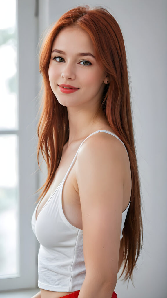 a (((perfectly realistic full-body portrait))), featuring a (((very cute young silver skinned well busty teen girl))) with ((bright white tank top, deep v-neck, open front)), (((detailed, realistic red long straight soft hair))), and (((clear skin))), accompanied by (((full, defined lips))), that give off a (natural, glowing smile, white teeth). Her face is (((beautifully drawn))), and (((a small, pointed nose))), all framed by (((a slightly pointed chin))), which complements the overall aesthetic. The portrait is (((side-view, looking slightly to the side))), with (((bright, natural light))) illuminating her face and creating a (softly shaded backdrop) that accentuates her features