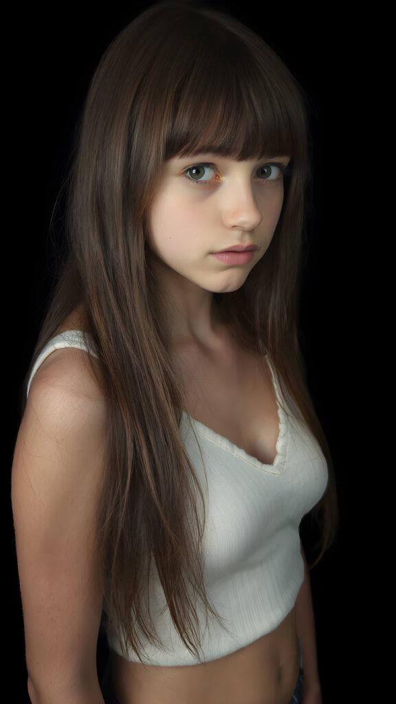 a (((perfectly proportioned portrait))) an cute picture from a detailed teen girl, 14 years old, with soft straight very long jet brown hair, bangs cut frame her round face, exuding a sense of melancholy and loneliness, full lips, (((white cropped short tank top made of fine wool, deep v-neck, open front)) which perfectly shaped her body), side view (((against a black backdrop))) ((upper body portrait))